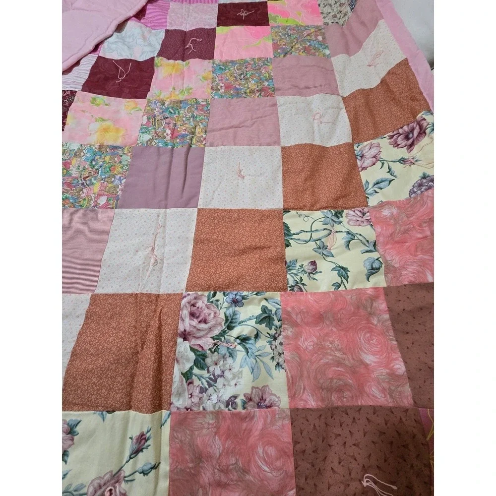 New Handmade Patchwork Quilt Pink Floral Butterflies Queen Bedding Cover /0190‎